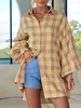 Plaid Print Button Up Loose Casual Shacket M Yellow
