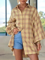 Plaid Print Button Up Loose Casual Shacket S Yellow