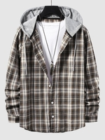 Plaid Print Contrasting Hooded Shirt M Brown bear