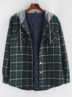 Plaid Print Double Pockets Hooded Flannel Padded Jacket 2xl Deep green