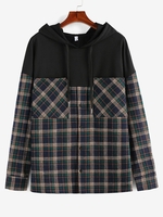 Plaid Print Double Pockets Hoodie L Deep green