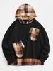 Plaid Print Glove Pockets Faux Twinset Fleece Hoodie M Black