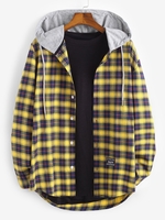 Plaid Print Hooded Applique Detail Shirt M Blue