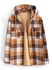 Plaid Print Hooded Double Pockets Fleece Jacket M Deep coffee