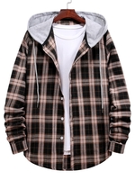 Plaid Print Hooded Drawstring Shirt Xl Black