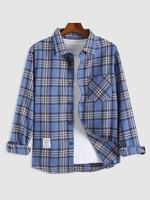 Plaid Print Pocket Letter Patched Shirt 2xl Blue
