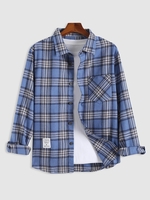 Plaid Print Pocket Letter Patched Shirt 3xl Blue