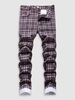 Plaid Print Pockets Zipper Retro Jeans 34 Concord