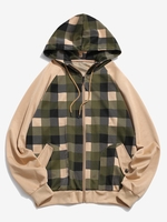 Plaid Print Raglan Sleeve Zip Up Hoodie 2xl Khaki