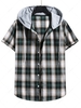 Plaid Print Short Sleeve Color Blocking Hooded Shirt M Dark forest green