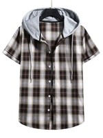 Plaid Print Short Sleeve Color Blocking Hooded Shirt M Wood
