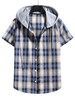 Plaid Print Short Sleeve Color Blocking Hooded Shirt S Lapis blue