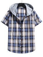 Plaid Print Short Sleeve Color Blocking Hooded Shirt S Lapis blue