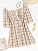 Plaid Puff Sleeve Sweetheart Neck Dress M Light yellow
