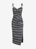 Plaid Ruched Tie Shoulder Slit Dress L Black