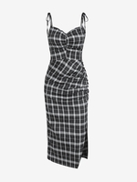 Plaid Ruched Tie Shoulder Slit Dress L Black