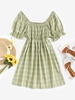 Plaid Ruffle Puff Sleeve Mini Dress M Light green