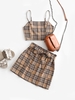 Plaid Smocked Buttons Belted Two Piece Suit M Light khaki