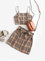 Plaid Smocked Buttons Belted Two Piece Suit M Light khaki