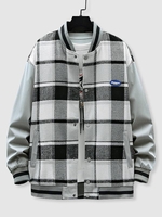 Plaid Spliced Letter Patched Baseball Jacket 2xl Light gray
