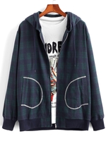 Plaid Stitching Pocket Hooded Zip Jacket L Deep blue