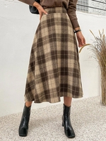 Plaid Swing Midi Skirt M Coffee