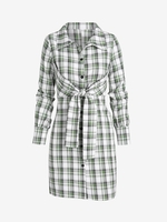 Plaid Tied Button Up Shirt Dress M Green