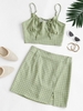 Plaid Ties Smocked Back Slit Skirt Set L Green