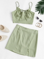 Plaid Ties Smocked Back Slit Skirt Set L Green