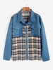 Plaid Tweed Panel Cargo Pockets Denim Shacket L Blue