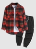 Plaid Woolen Button Fly Unisex Shacket and Flap Pocket Drawstring Techwear Cargo Pants Set Deep red