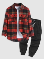 Plaid Woolen Button Fly Unisex Shacket and Flap Pocket Drawstring Techwear Cargo Pants Set Deep red