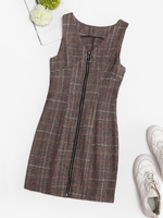 Plaid Zip Up Mini Pinafore Dress M Coffee