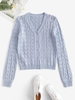 Plain Cable Knit Button Up Cardigan M Light blue