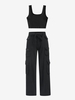 Plain Ribbed Cropped Tank Top and Belted Cargo Baggy Jeans Set Black