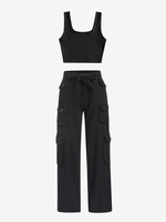 Plain Ribbed Cropped Tank Top and Belted Cargo Baggy Jeans Set Black