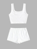 Plain Ribbed Cropped Tank Top and Lined Lace Pull On Shorts Set White