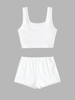 Plain Ribbed Cropped Tank Top and Lined Lace Pull On Shorts Set White
