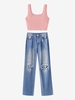 Plain Ribbed Top and Distressed Jeans Set Light pink