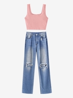 Plain Ribbed Top and Distressed Jeans Set Light pink