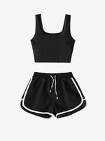 Plain Ribbed Top and Dolphin Shorts Set Black