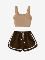 Plain Ribbed Top and Dolphin Shorts Set Light coffee