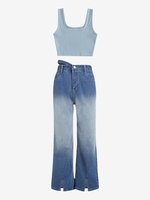 Plain Ribbed Top and Ombre Midriff Flossing Jeans Set Blue