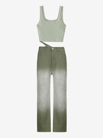Plain Ribbed Top and Ombre Midriff Flossing Jeans Set Light green