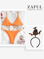 Plain String Bikini Swimwear with Halloween Costume Decor Headband Orange