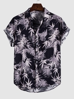 Plant Leaves Print Vacation Shirt L Black