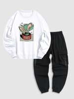 Plant Print Pullover Sweatshirt and Jogger Cargo Pants Set White
