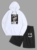 Plaster Statue Pattern Hoodie and Smiling Face Embroidery Casual Shorts Set Outfit White