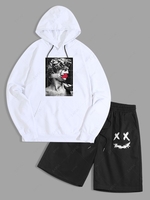 Plaster Statue Pattern Hoodie and Smiling Face Embroidery Casual Shorts Set Outfit White