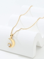 Plated 18K Gold Rhinestone Decor Moon Pendant Necklace